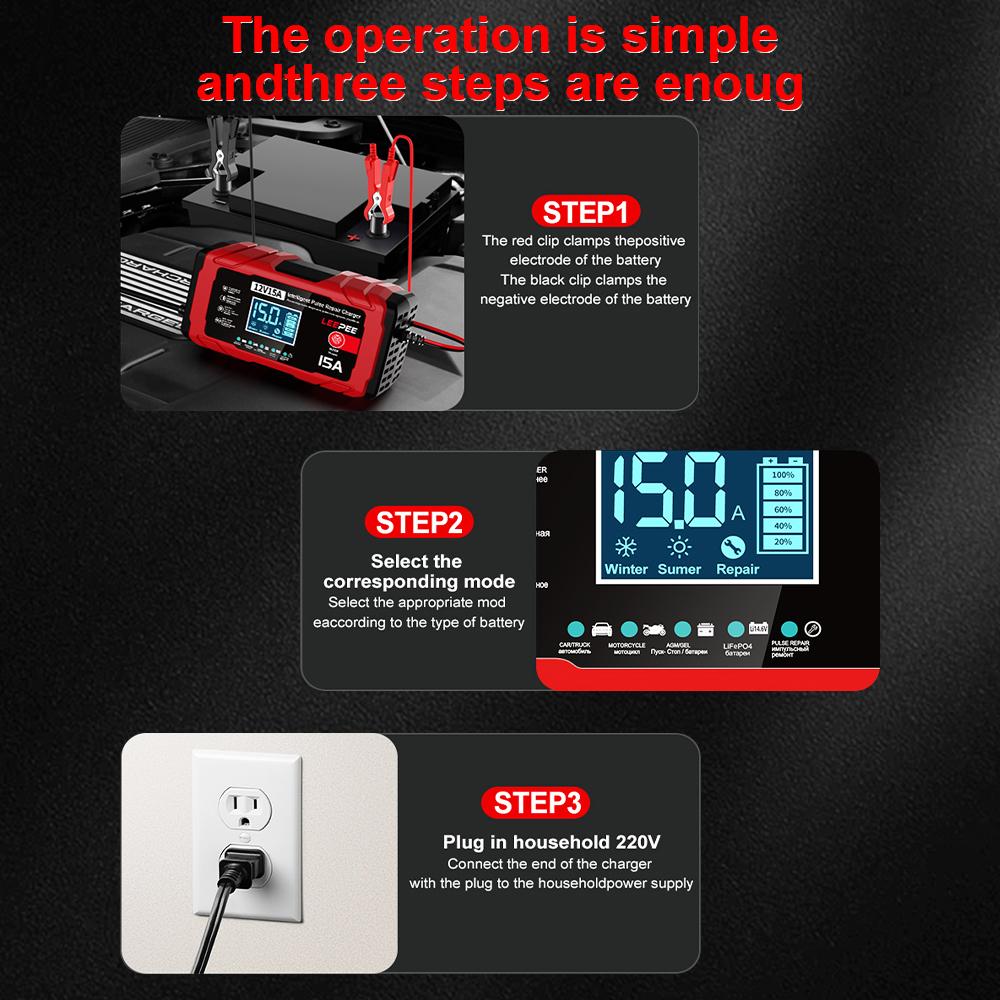 Intelligent Pulse Repair Maintenance Lead-Acid Smart Battery Charger 12V 15A 12A Car Motorcycle Battery Charging Multifunctional Portable 2025 New