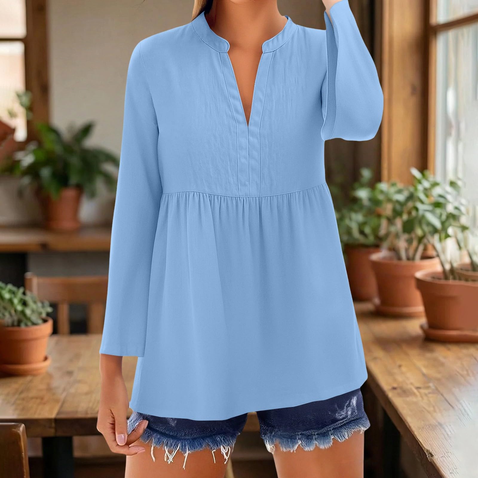 Women s Fashion -Colour Cotton-Linen Blend Literary Vintage Casual Three-Quarter Sleeve Shirt Top S