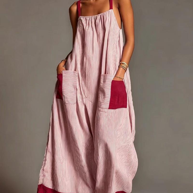 Europäischer Stil Gestreiftes High-End Spaghettiträger Maxikleid Sommer Elegant Urlaub Damenbekleidung