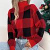 Women European Style Contrast Color Plaid High Neck Long Lantern Sleeve Pullover Sweater