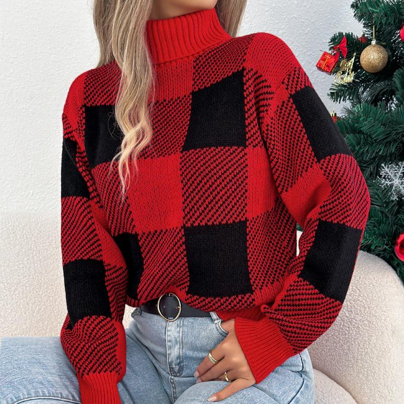 Women European Style Contrast Color Plaid High Neck Long Lantern Sleeve Pullover Sweater