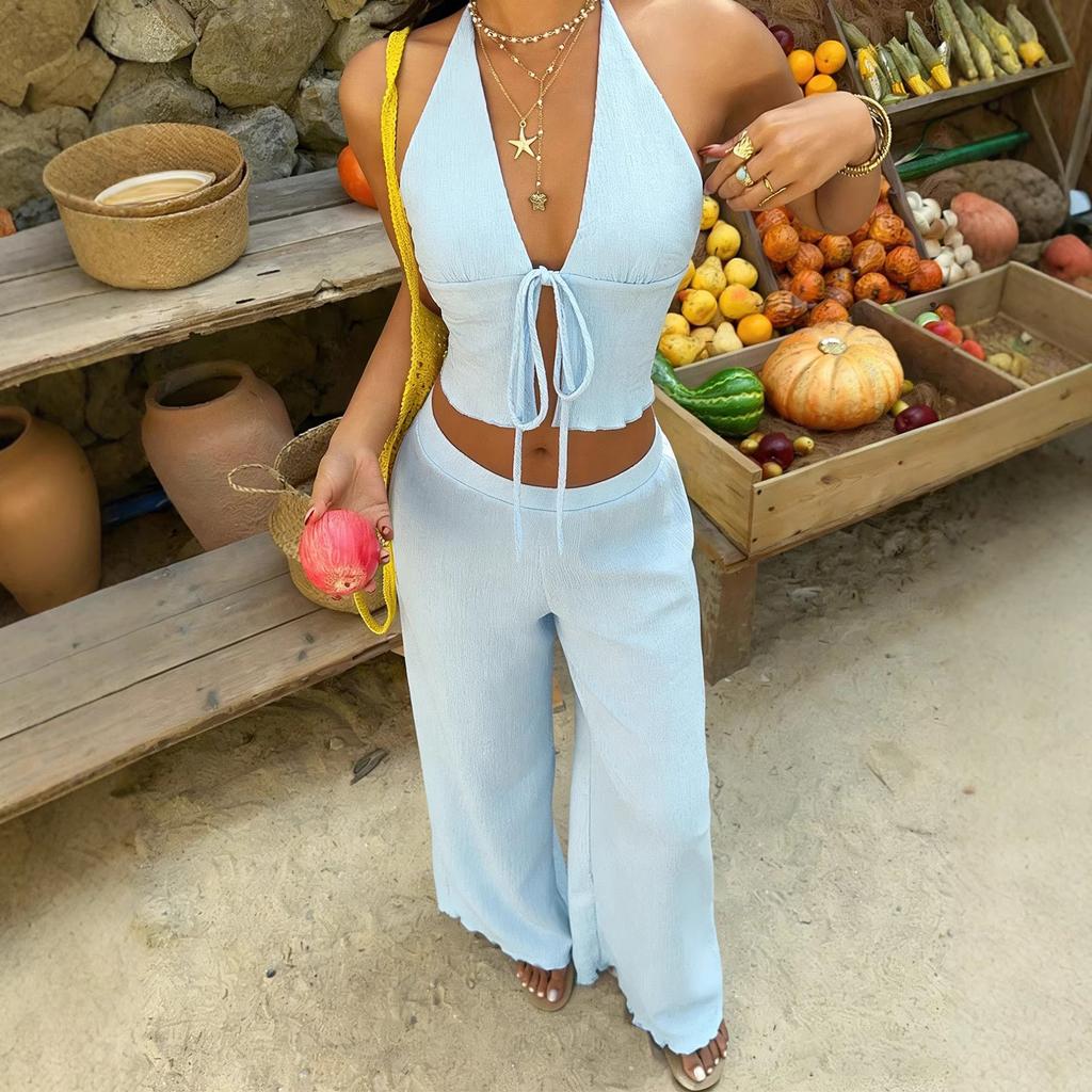 European and American Lazy Vacation Style Set: Light Blue Halter Tie Crop Top Paired with High-waisted Wide-leg Pants Two-piece Set