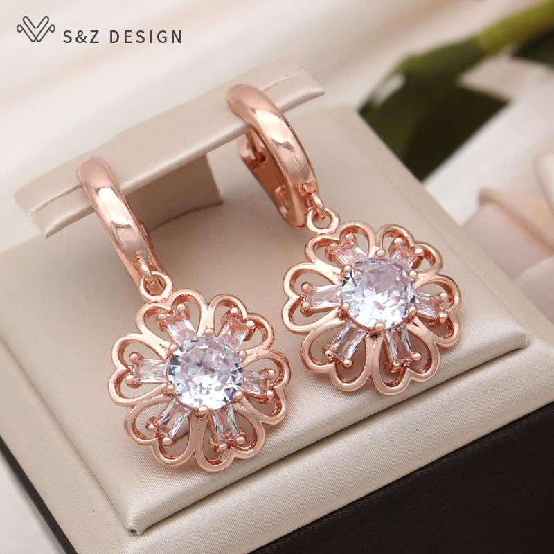 Mode Roséguldfärg Runda Kubiska Zirkonia Blommor Hängande Örhängen Smyckesset För Kvinnor Hängsmycke Halsband