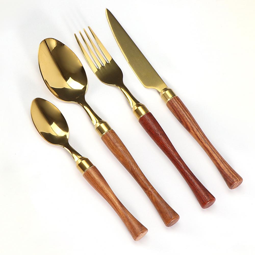 4pcs Western Tableware Set Cutlery Stainless Steel Wood Handle Dinner Fork Dessert Spoon Steak Knife Kitchenware Set