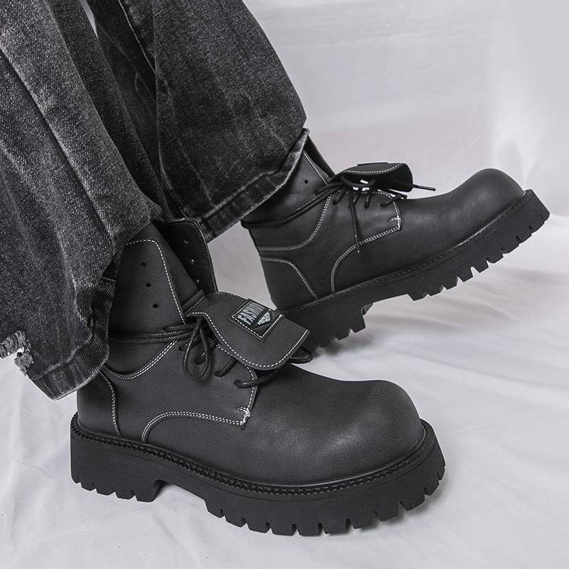 

Мужские ретро ботинки на платформе с толстой подошвой, лифты, уличный стиль, с большой головой, мотоциклетные ботинки, высокие ботинки, большие размеры EU:38 чёрный