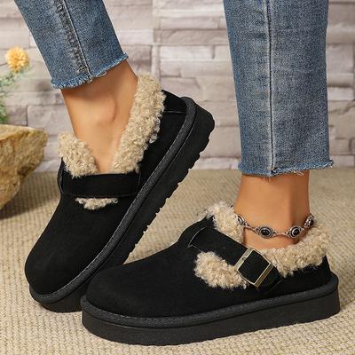 Flache Schuhe mit Schnallendekor aus Kunstfell für Damen Winter Warm Verdickt Plüsch Baumwollgepolstert Schneestiefel Komfort Dicke Sohle Rutschfest Freizeitschuh