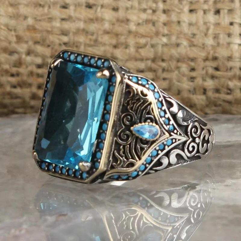 

Fashion Retro Ethnic Style Texture Inlaid Red Blue Green Zircon Boys Casual Business Ring 7 синий