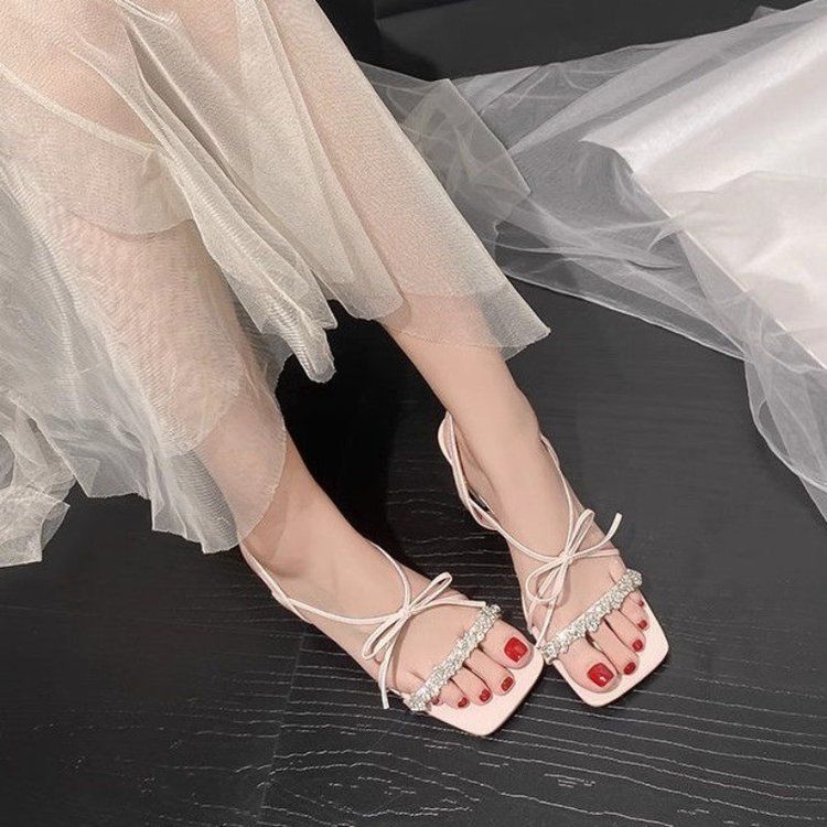 Summer Sweet Fairy Wind Bow Rhinestone Open-Toed Thick-Heeled Sandals One-Word Strap Mid-Heel Banquet Shoes