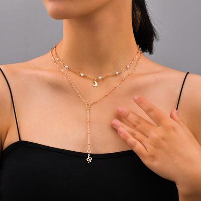 Personal Cold Wind, Pearl Moon Pendant, Metal Stacked Necklace 2-piece Set, Long Necklace Neck Chain