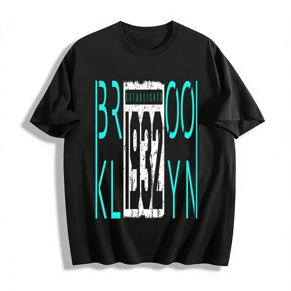 Brooklyn Letter Print Casual T-Shirt Unisex Loose Breathable Short Sleeve Pure cotton T-shirt XXS