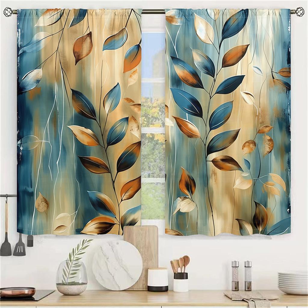 2Pcs Abstract Leaf Curtains 3D Blue Brown Botanical Pattern Living Room Bedroom Balcony Sunshade Modern Simple Decor Curtains