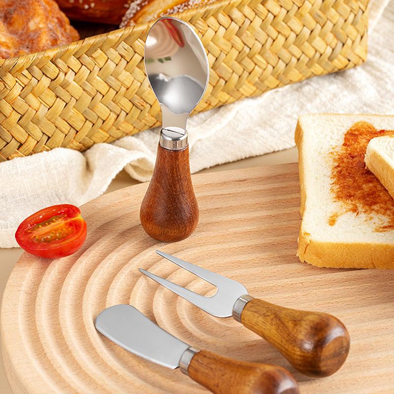 Stainless Steel Cheese Knives Cheese Fork Set Wooden Handle Butter Spatula Knife Cheese Spreader Jam Spreader Baking Tools