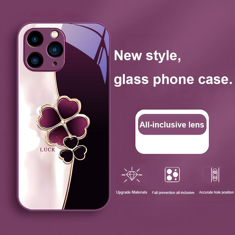 Four leaf clover deep purple grey for Iphone 15 14 13 12 11 Pro Max X XS XR 7 8 Plus 2020 2022 SE Tempered glass phone case