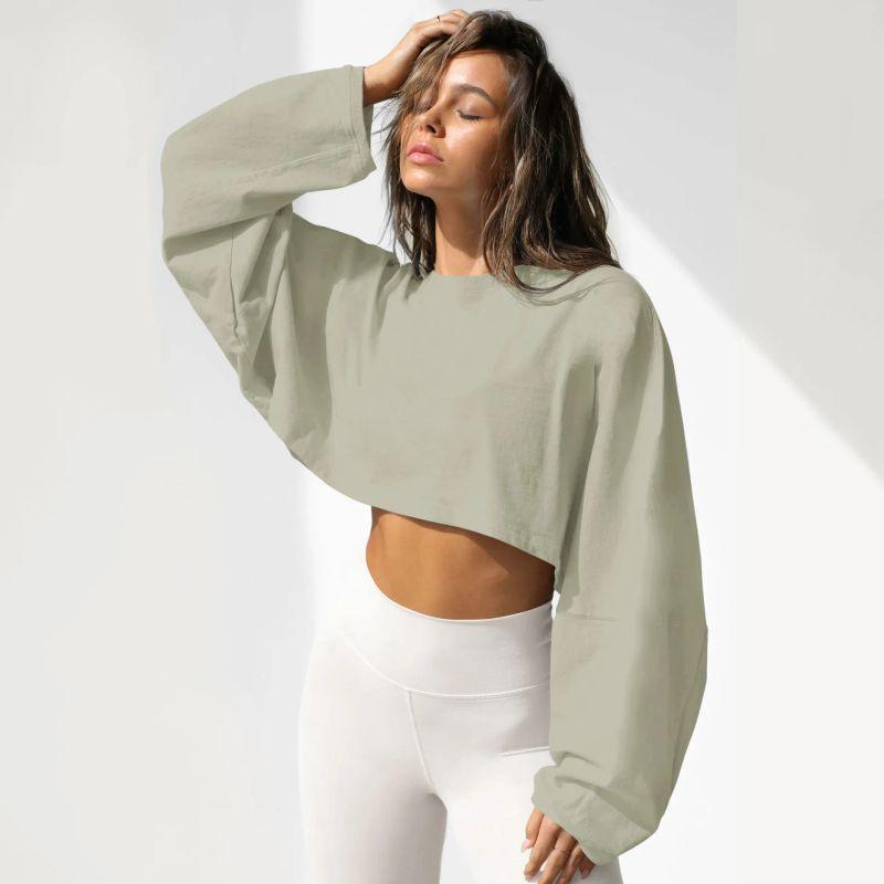 2025 Cross-Border Navel round Neck Hoodie European and American Women clothes Short Sports Bottoming Shirt T-shirt Knit Long sleeve Top