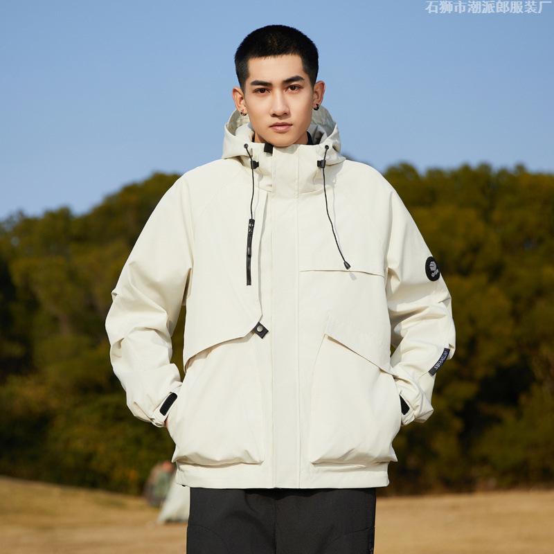 Neuer Bergsteigeranzug mit Kapuze, einfarbige Partnerjacke, Herren Outdoor-Sport- und Freizeit-Wasserdichte Jacke