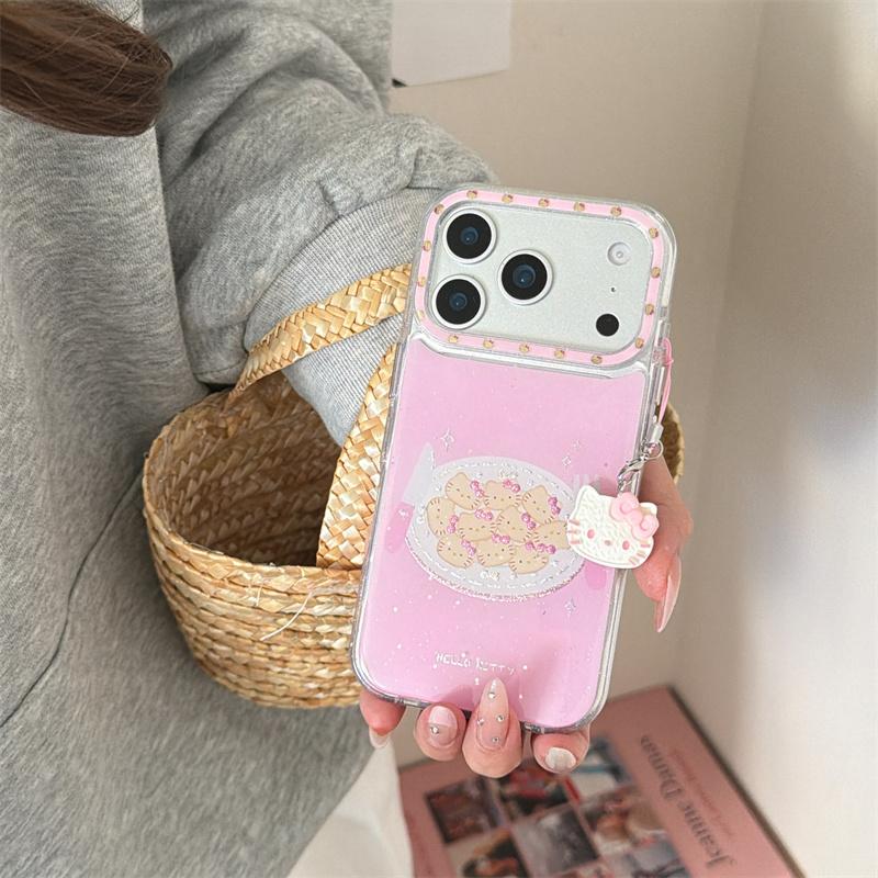 Matching Hello Kitty Charm Wrist Strap Pink Glitter Cookie Print Phone Case For iPhone 14 15 16 17 Pro Max INS Cute Shockproof C