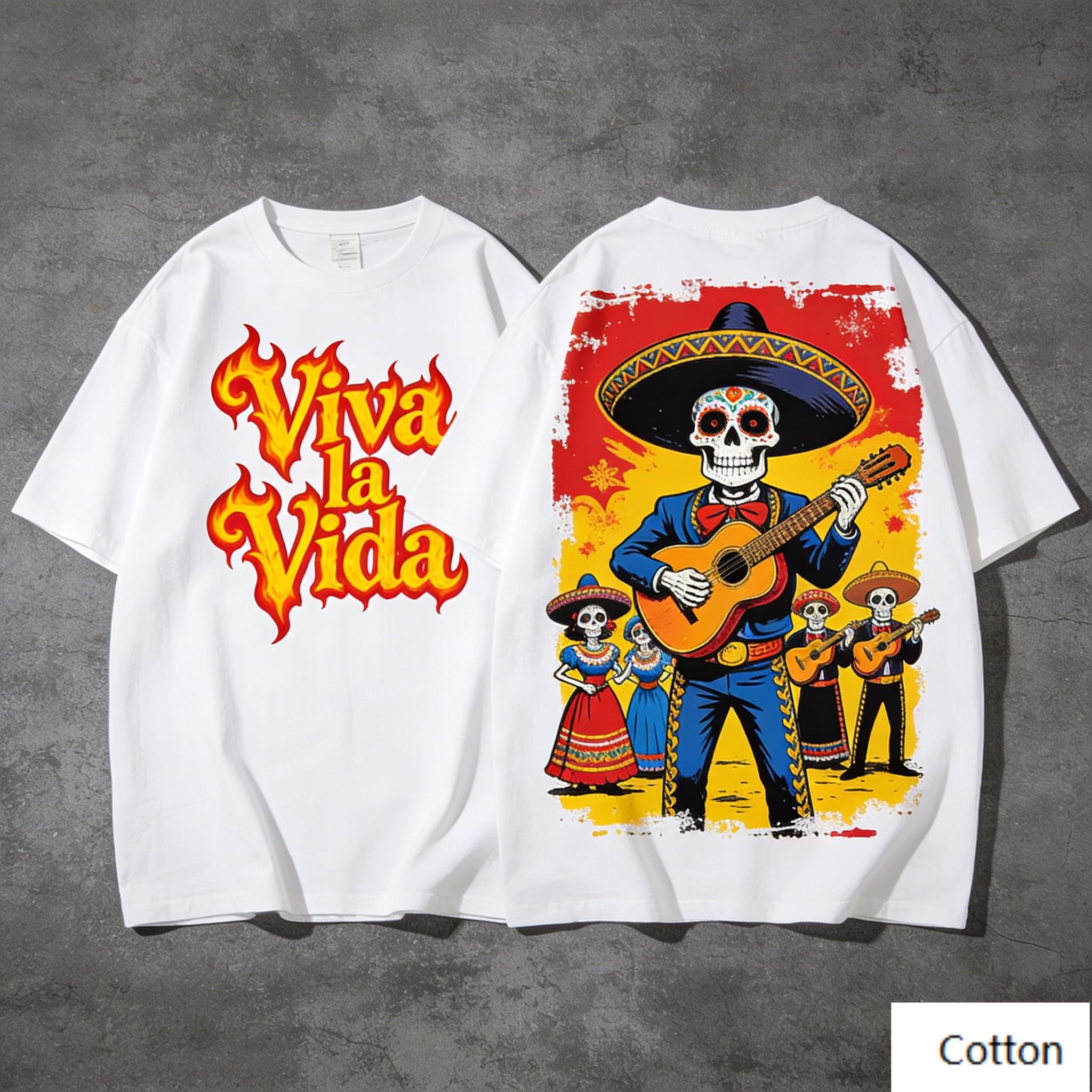 

Day of The Dead Skeleton Snake Serpent Graphic TShirt Fiery Viva La Vida Lettering Print Pure Cotton Tee Mexican Folk S