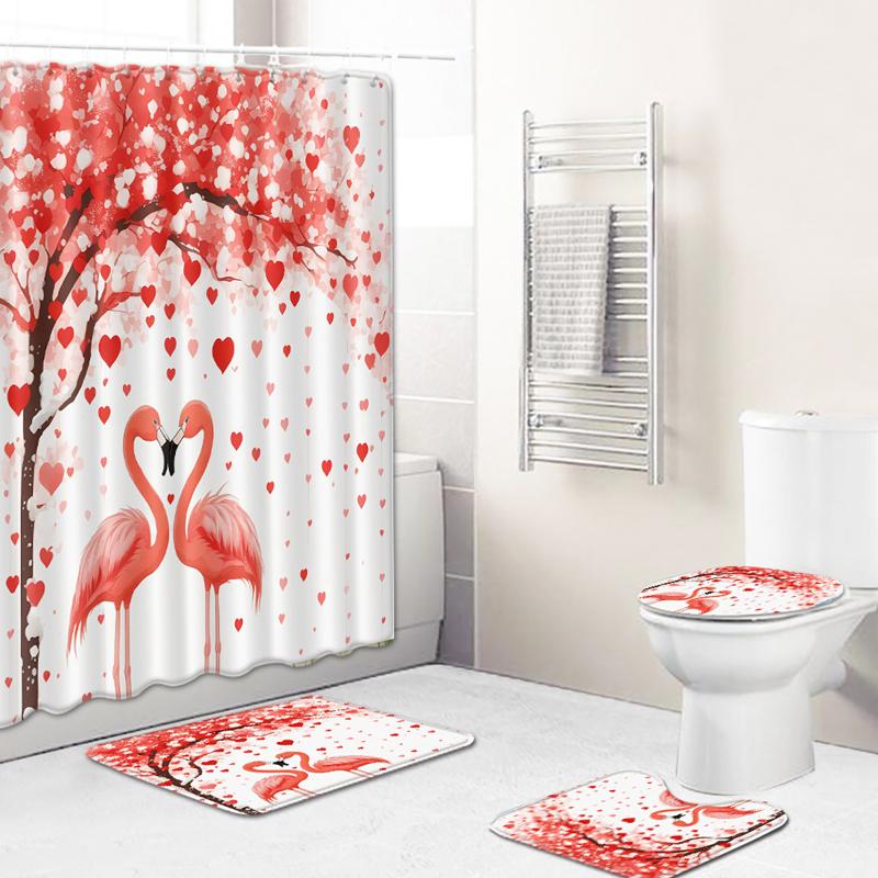 4 Pcs Valentine's Day Shower Curtain Sets With Rug, Toilet Lid, Non-Sli