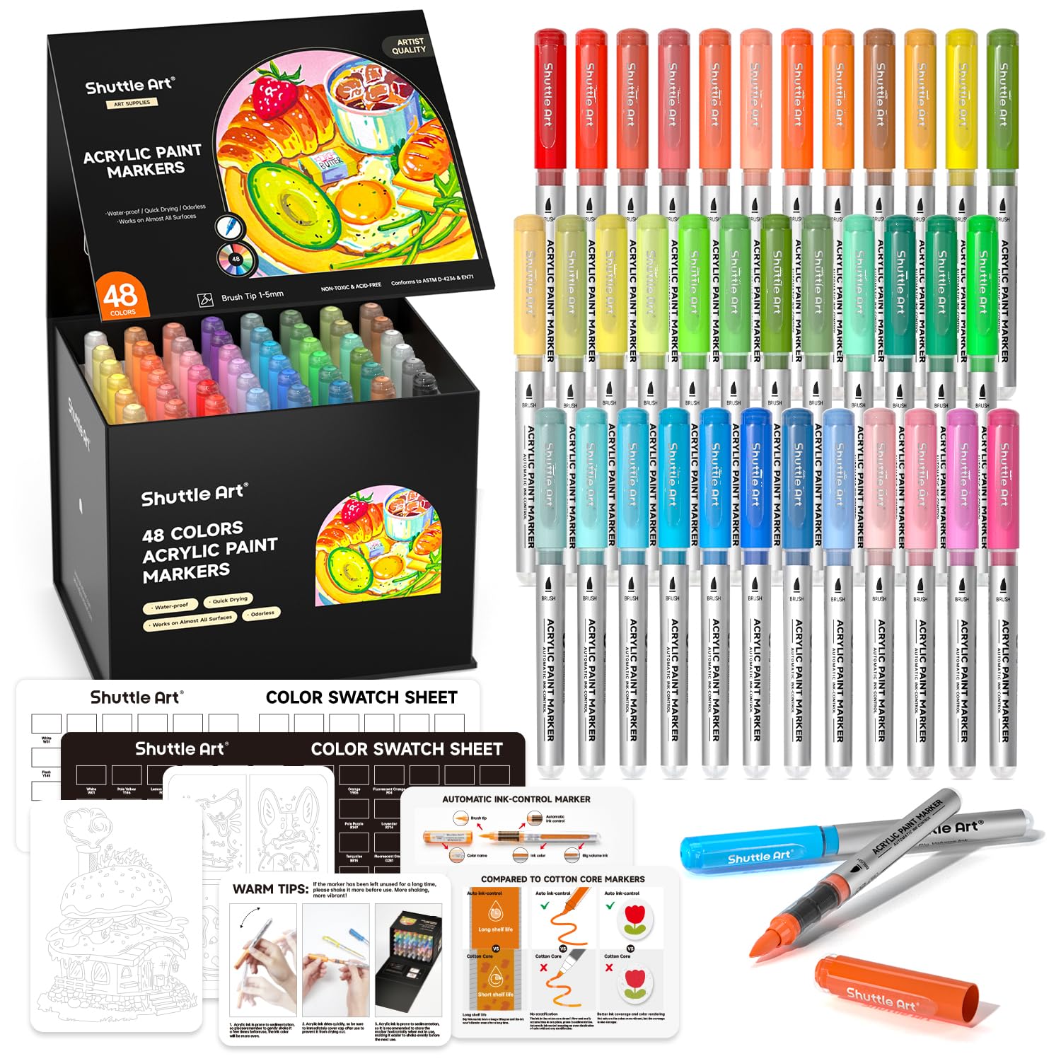 

Shuttle Art Acrylic Brush Acrylic Paints for and Includes Storage Perfect for Handmade DIY and Art A Great Markers, 48-Color Set, Direct-Fill Type,