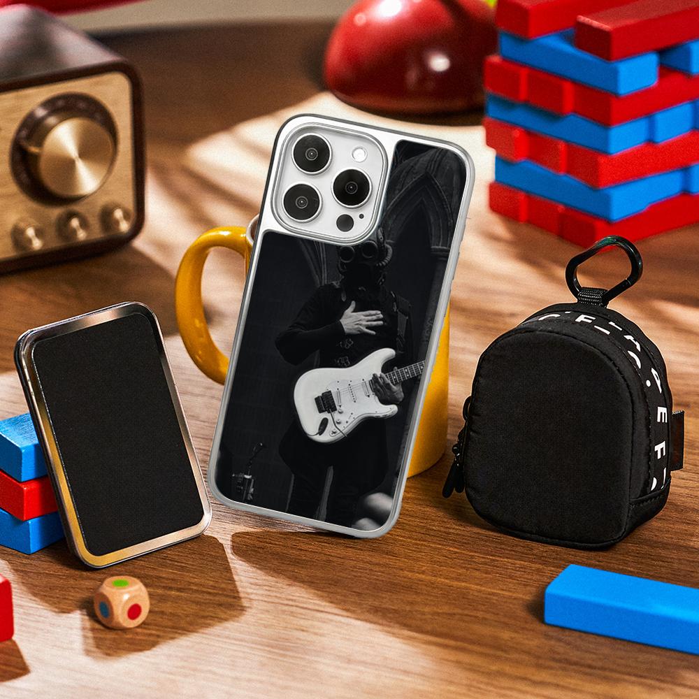 Cool Guitarist Swiss Poster Pattern Phone Case for iPhone 16 15 14 13 12 11 Pro Max Sheepskin Silver-edged Protective Case
