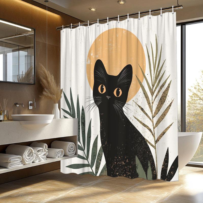 1Pc Black Cat & Green Plants Shower Curtain - Orange Eyes, Leafy Accents, Sun Shape, 70.8X70.8", Polyester, Modern Design