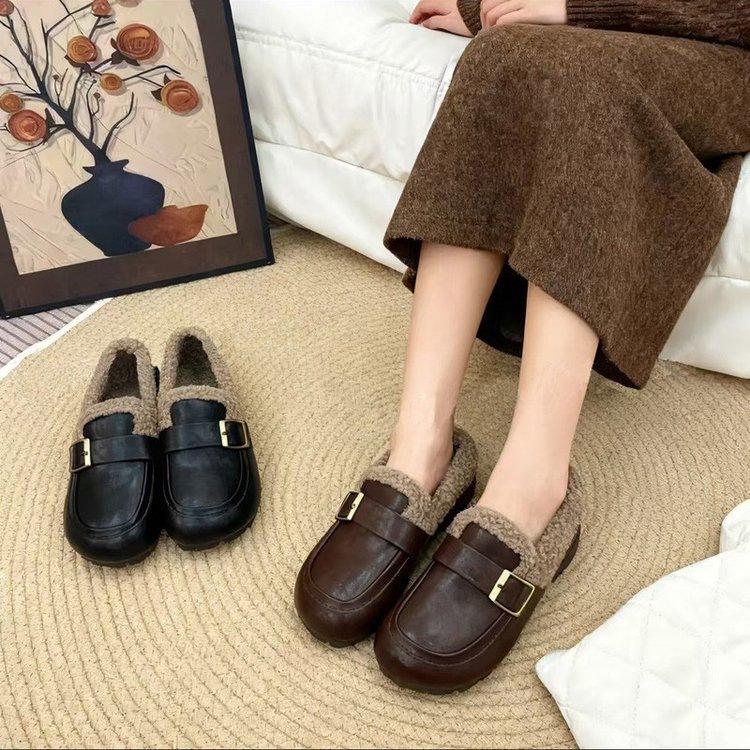 Mao Mao shoes winter Birkenstocks flat-soled soft-soled leather-faced piled beanie shoes cotton shoes