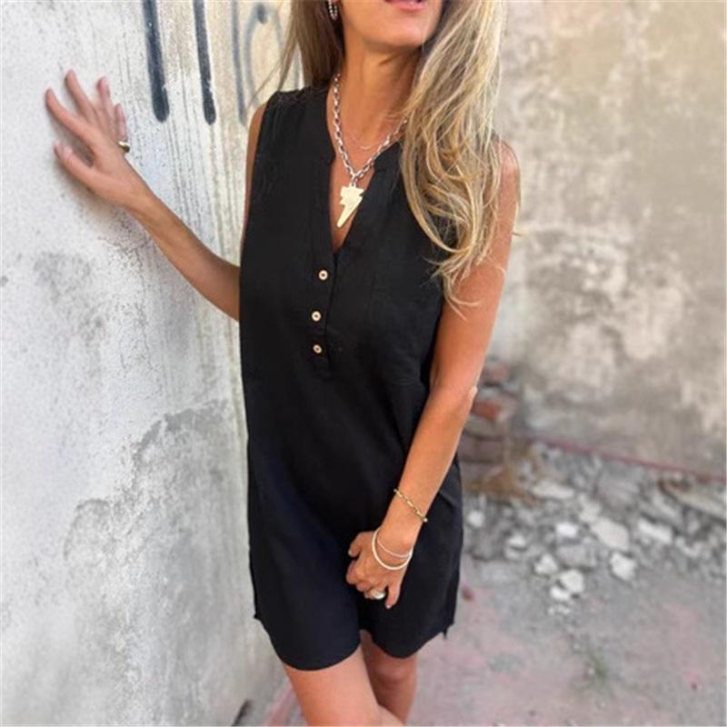 

European And American Ladies Casual Cotton And Linen Solid Color Button Pocket Deep V-neck Dress Loose Commuter Long Skirt 4XL чорний