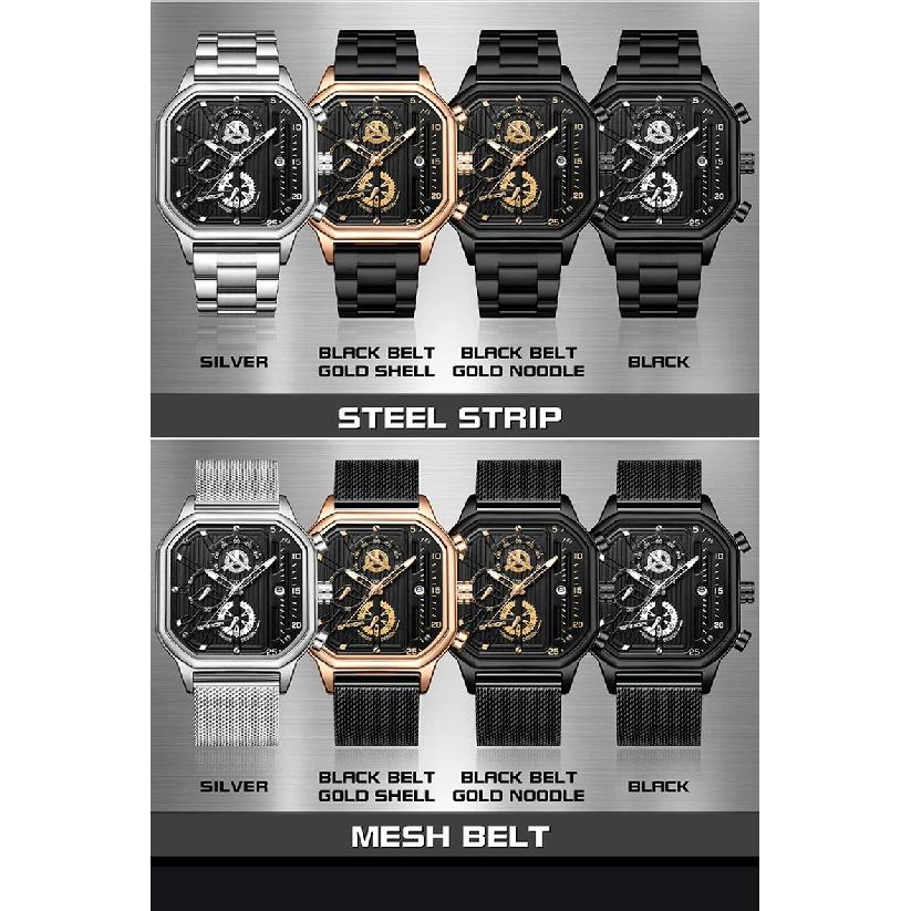 SANDA 7058 Square Quartz Watch Men's Business Quartz Watch Multi-function Six Hands Calendar Waterproof Steel Belt Wristwatch