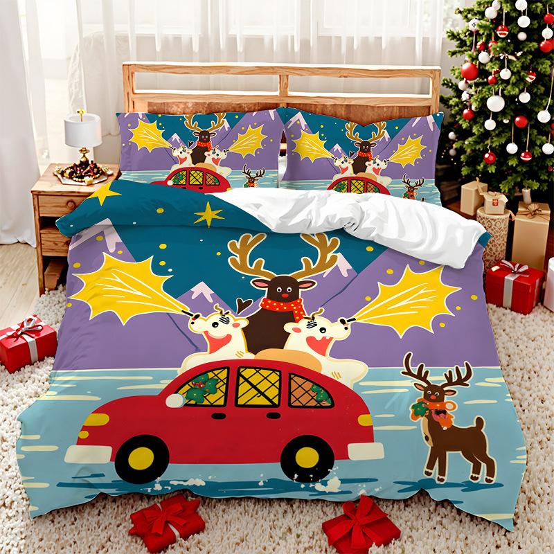 3D Digital Printed Bedding Two Or Three Piece Santa And Elk Polyester Quilt Cover