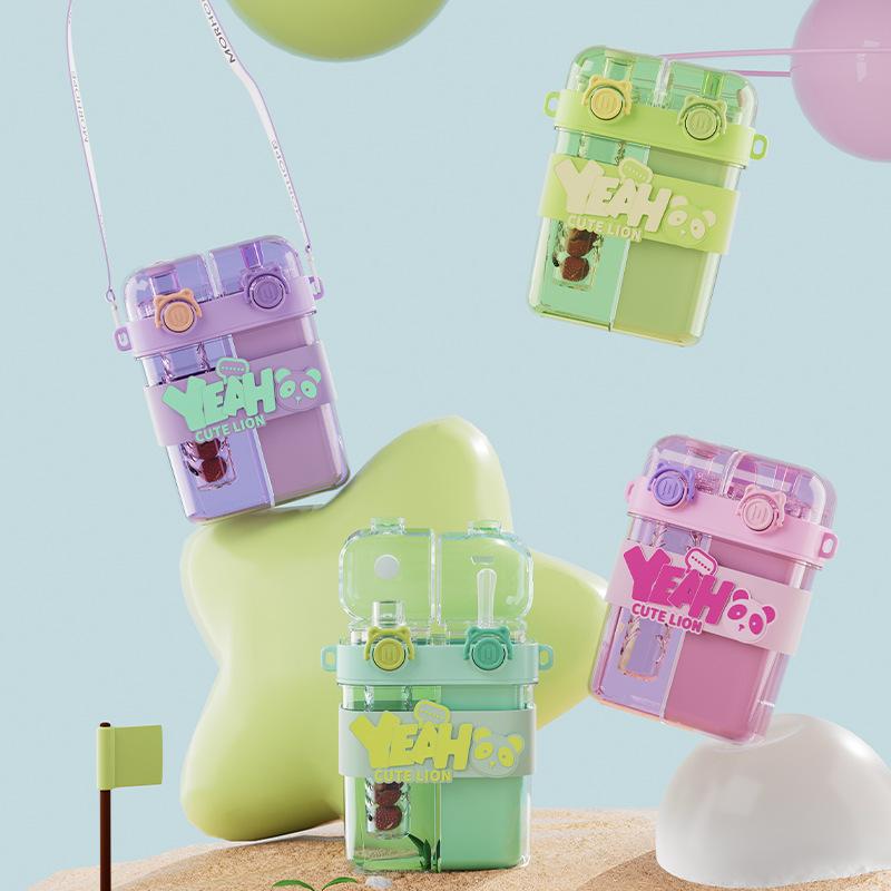 New Large-capacity Children's Water Bottle with Double Drinking Cups and Straws, Cute Cartoon Sports Water Cups