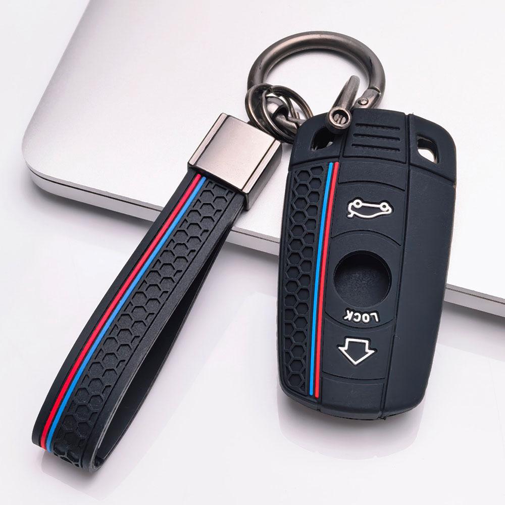 Silicone Car Key Fob Cover with Matching Keychain Designed for BMW 1 3 5 Series X1 X3 X5 E90 E60 E87 E91 E92 E84 E70 This Protective Key Case Features