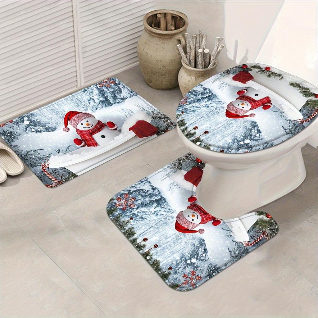 4Pcs Bathroom Shower Curtain Set Christmas Bathroom Curtain With 12 Hooks Non Slip Rugs Toilet Cover Mat Bathroom Partition