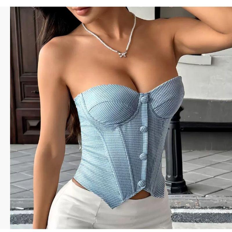 

Sexy Retro Plaid Button Gyaru Street Shot Fishbone Tube Top High-Grade Sense Waist Hugging Chest Cotton Pure Desire Tube Top Vest Women Blue L