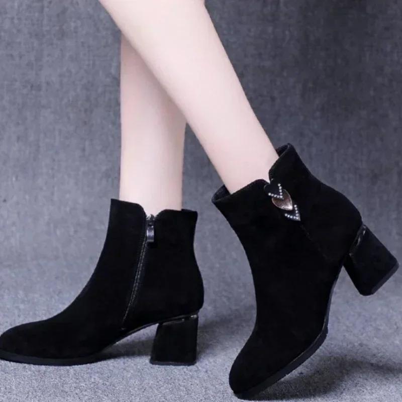 Fashion Thick Heel Black Short Boots Women 2024 New Autumn and Winter High-heeled Suede Women's Pointed Toe Comfortable Single Boots