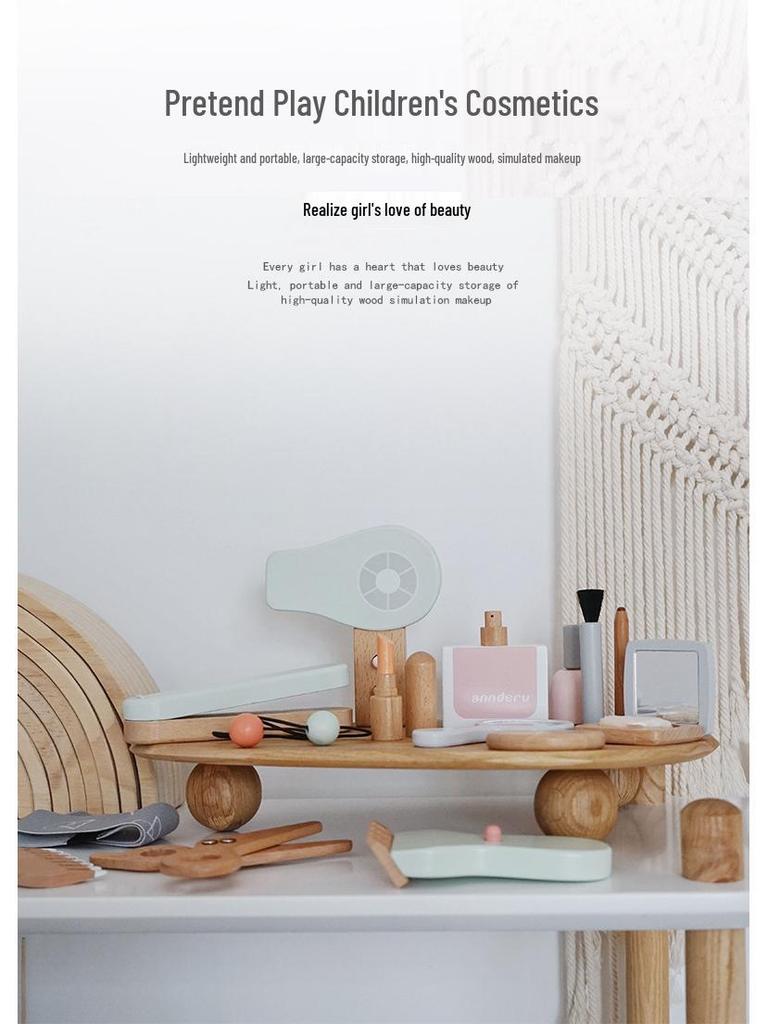 Korean Style Wooden Makeup Play Set: Pretend Eyeshadow, Powder, Lipstick, Perfume, Hair Accessories.