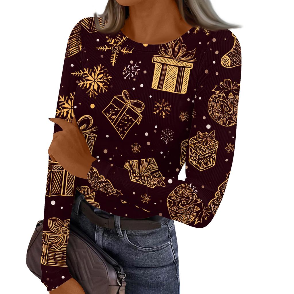 Women's Casual Fashion Round Neck Christmas Print Long Sleeve Striped Top