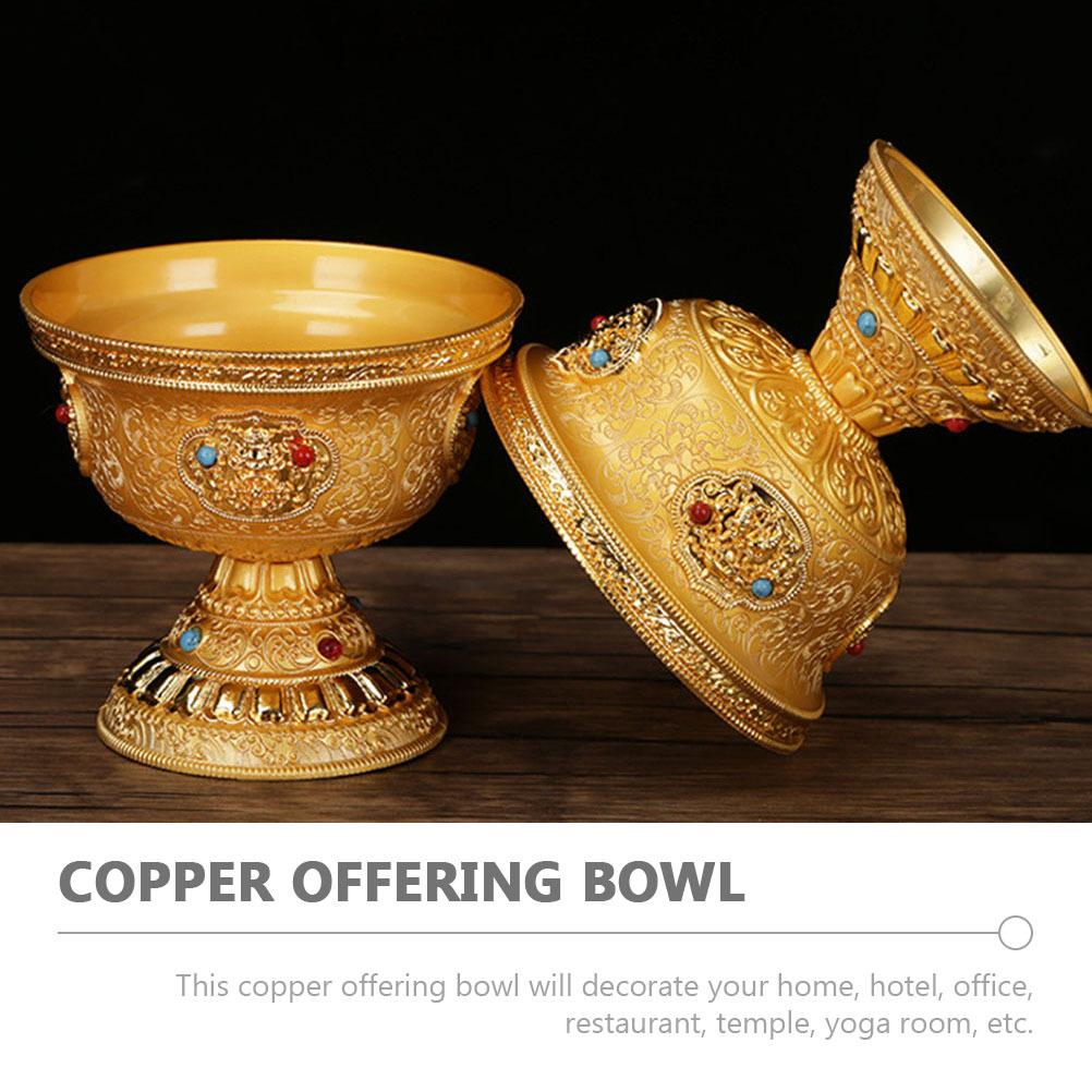 Copper Water Offering Bowl Rust-Resistant Polished Golden Buddhist Worship Bowl for Home Temple Office Yoga Meditation