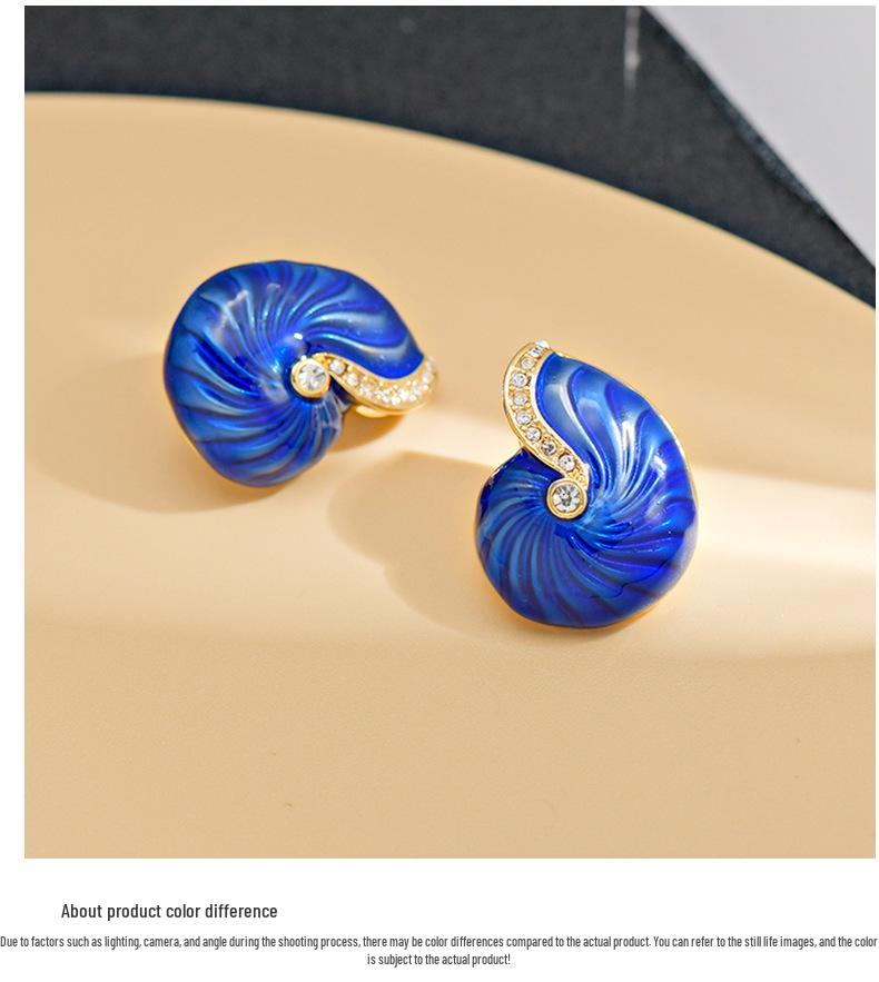 Antique Blue Enamel Conch Earrings In Oil Painting Style - Chinese Retro Inspired Fashion Jewelry