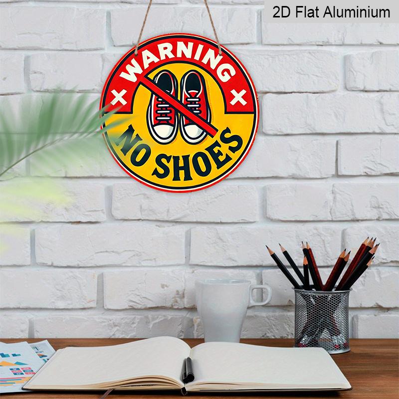 2D Flat, 1pc Round Warning No Shoes Aluminum Hanging Sign, Retro Red Yellow Remove Shoes Metal Wall Decor, Waterproof Door Sign for Home, Entryway