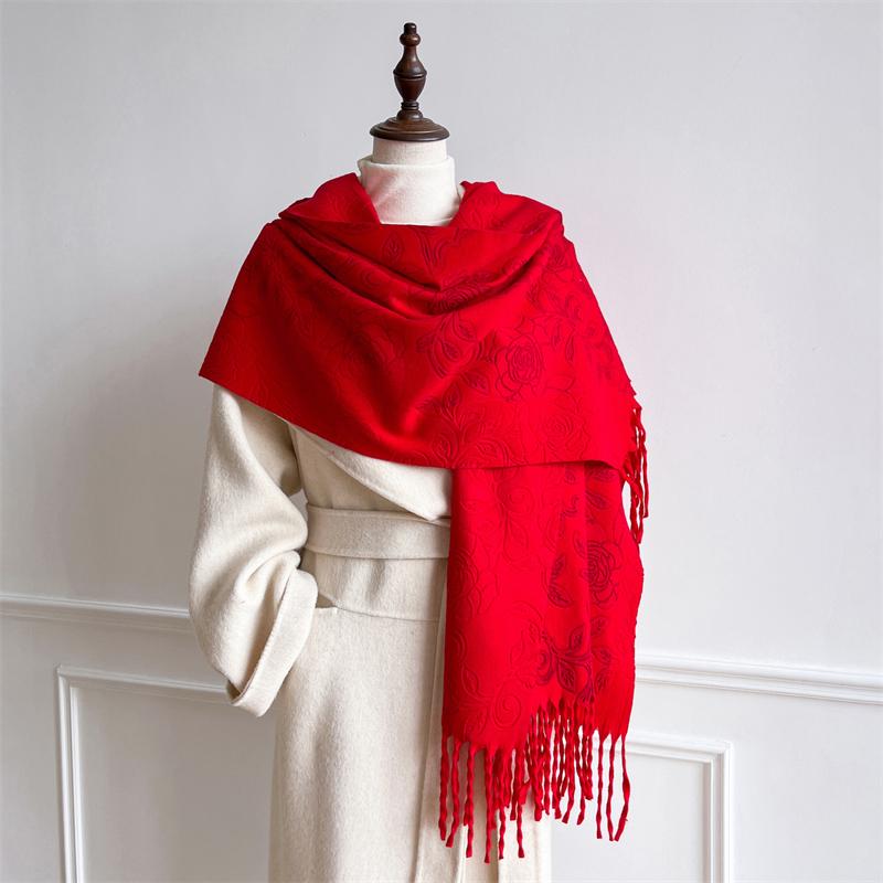 Embossed Cashmere Winter Scarf for Women Plain Warm Chunky Shawl Elegant Lady Poncho Pashmina Hijab Bufanda Boho Cape for Winter