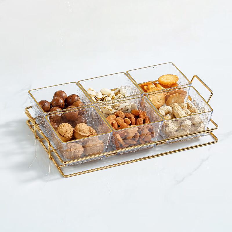 Nordic Acrylic Sectioned Serving Platter with Lid 24cm Square, 6-Compartment, with Iron Base and Lid