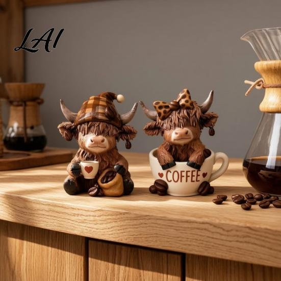 Stabile Harzfigur Dekoration 2 Stück Kaffeekuh Figur Niedliche Tierstatue für Zuhause Schreibtisch Miniatur Highland Dekoration Café Stil Tischdekoration,