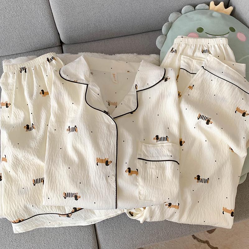 

Жіночий літній бавовняний піжамний комплект Blue Bear - з коротким рукавом, милий мультяшний дизайн, три предмети для дому. Female XXL (135-160 Jin)