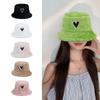 Winter Keep Warm Plush Bucket Hat Ladies Windproof Commute Camping Fisherman Cap with Heart Patchwork Hat for Girlfriend  White