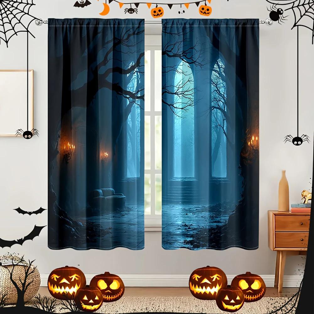 Set Of 2 Halloween Dark Forest Castle Printed Curtains Pole Bag Home Decorations Room Curtain Made Polyester