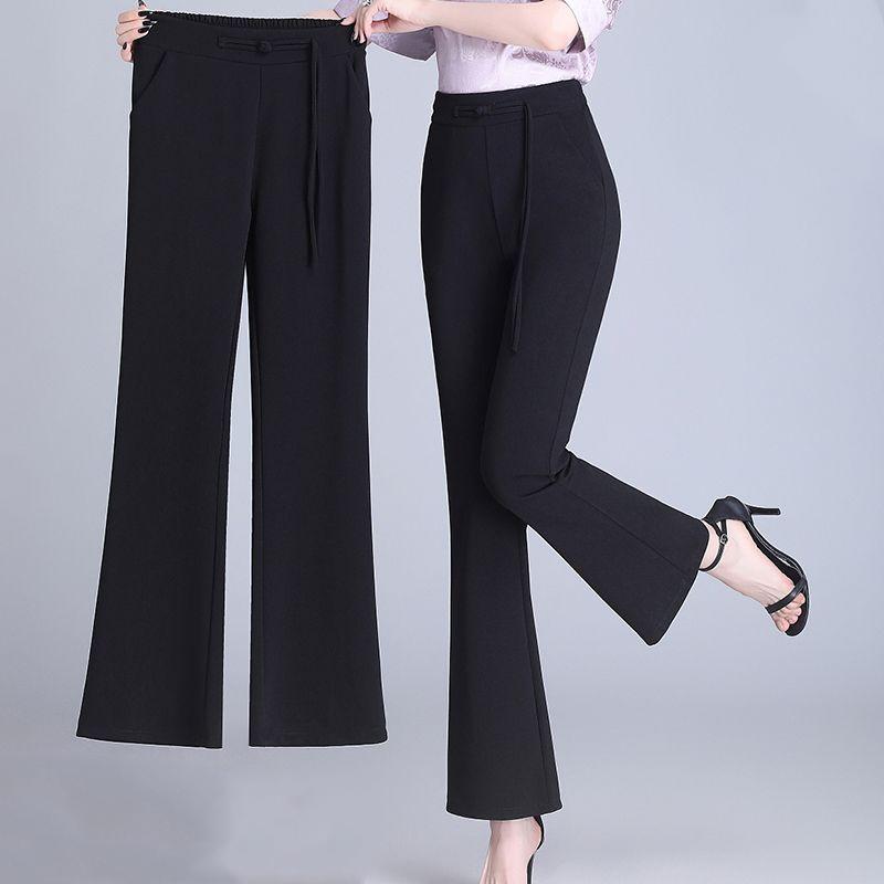 Chinese Style Autumn Flare Pants Women Solid Frog Pockets Elastic High Waist Casual Versatile Slim Wide Leg Ankle Length Trouser