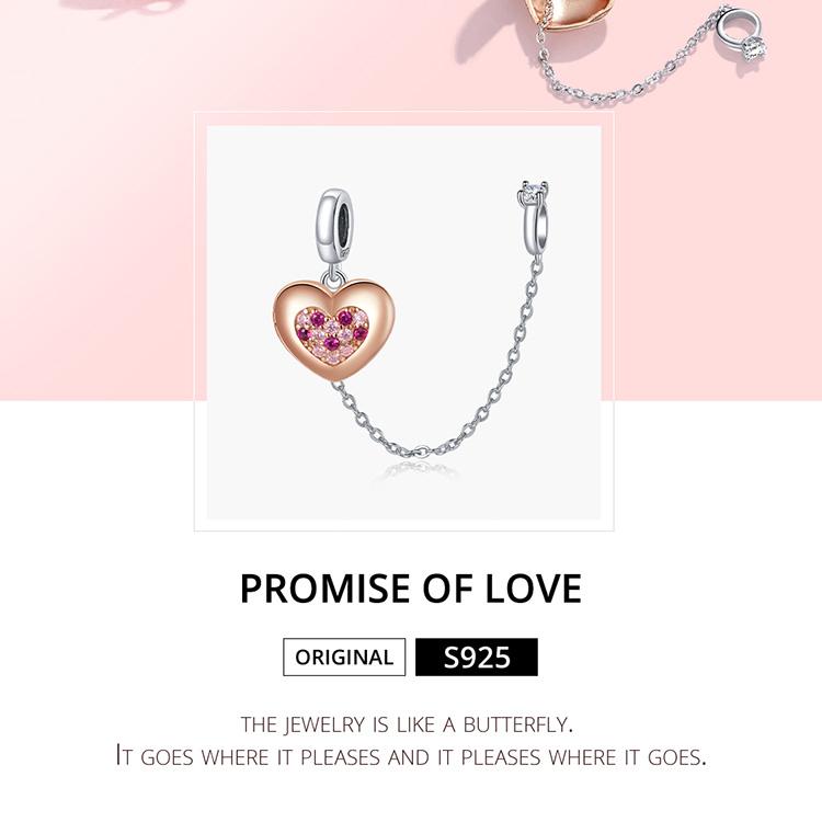 Bamoer 925 Sterling Silver Shine Pink Zircon Rose Gold Heart-shape Charm Pendant Fit Original 3mm Bracelet DIY Jewelry