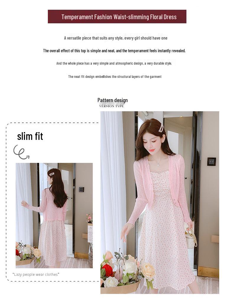 French Floral Spring Knit Cardigan & Suspender Dress Set for Women