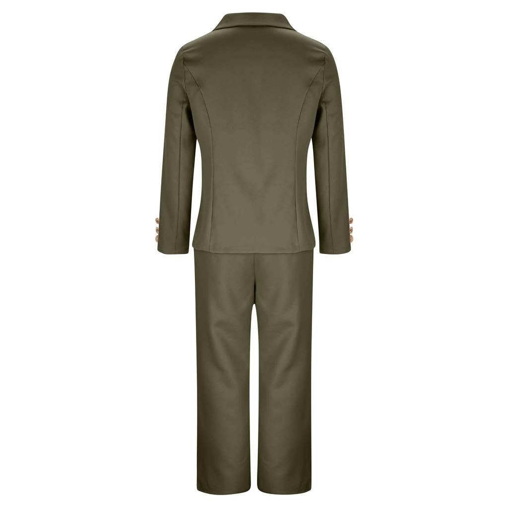 Women's Fashion Solid Color Long Sleeved Button Up Suit Jacket Casual Straight Leg Pants Two-piece Set