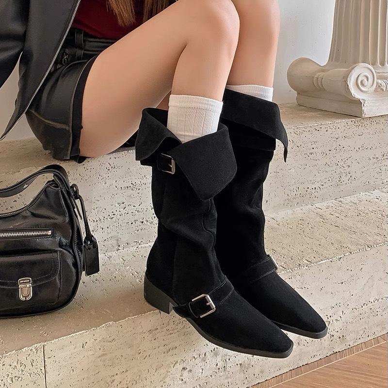 Coarse Heel Western Cowboy Boots Slim Belt Buckle But Knee Maillard Knight Boots Women's Winter 2025 New Stacking Boots